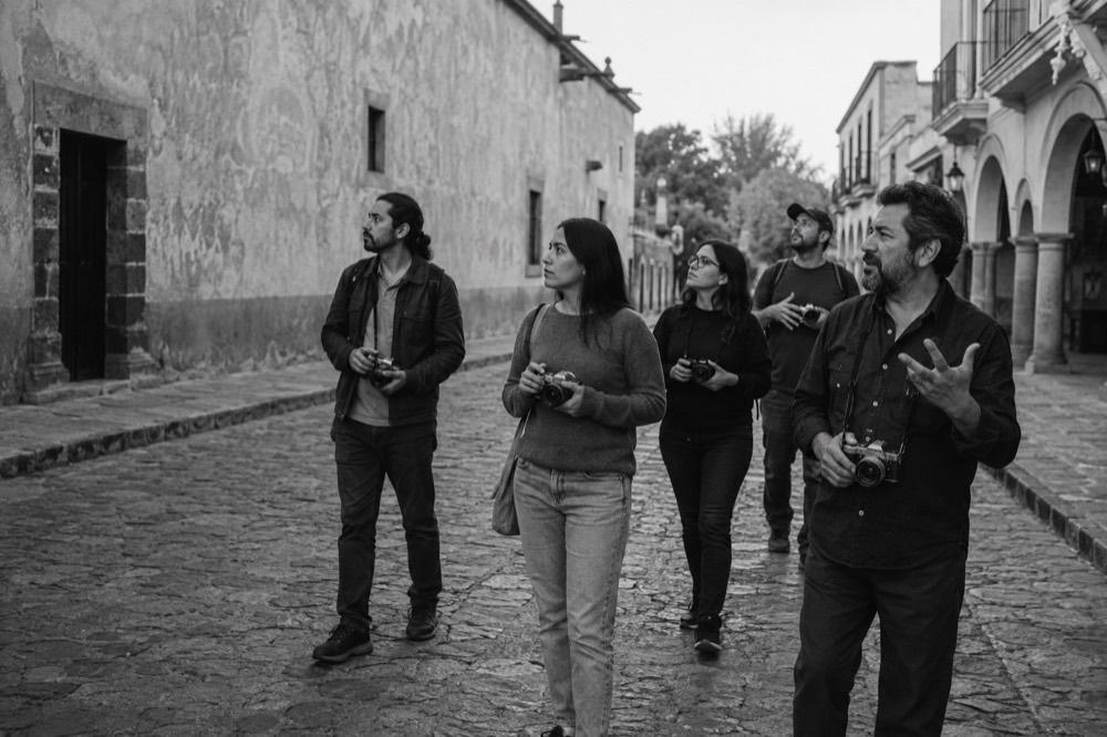 Grupo caminando y fotografiando por un callejón de Tequisquiapan (imagen ilustrativa)